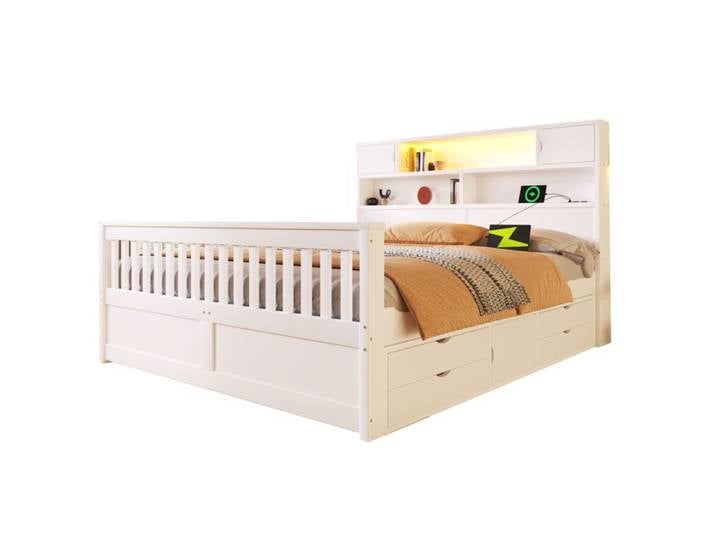 ELVORIN Lit plateforme 160 x 200 cm avec tête de lit bibliothèque 4 tiroirs LED USB blanc