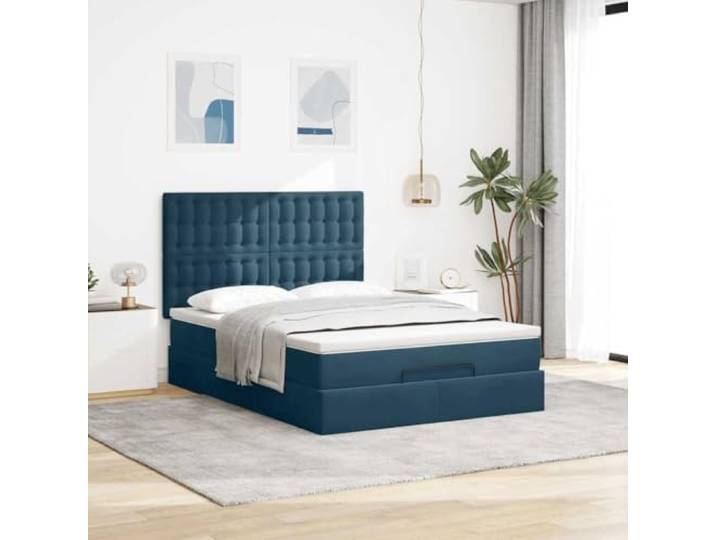 KTHLBRH Boxspringbett 140 x 190 cm Samt blau mit Matratze Hydraulisches Heben, Taschenfedern, Matratzenbezug inklusive, Lattenrost