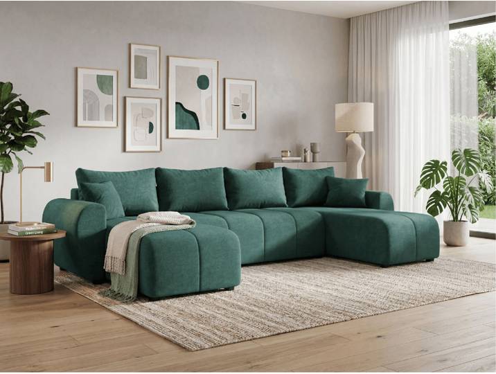 Ausziehbares U-Form Sofa SEVIO 311x145 cm, flaschengrün + 2 Kissen GRATIS