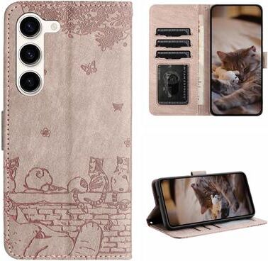 Inspired Deals Cute Cat Embossed Wallet Phone Case For Samsung Galaxy With Card Holder And Lanyard For Samsung Galaxy S23 grey