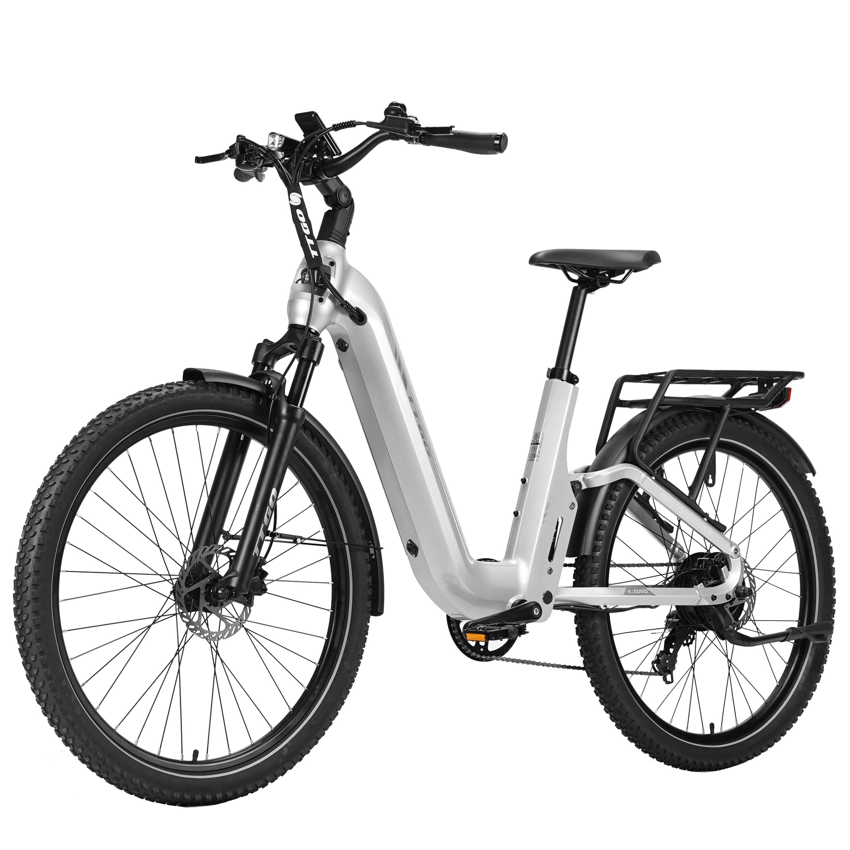 E-SUVO Fully-Elektro-Fahrrad für Erwachsene, 27,5-Zoll-Geländereifen, 25 km/h, 48V, 250 W, hydraulische Scheibenbremsen, max. 125 kg Zuladung, Silber