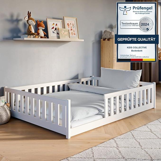 Kinderbett Bodenbett 140x200 cm Bett mit Rausfallschutz & Lattenrost Montessori Bett Bed Gitterbett Kinder Jugendbett Einzelbett | weiß