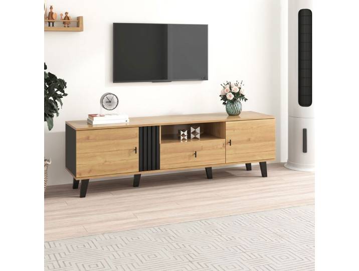 Meuble TV Moderne - NALOOKAMIC - Buffet bas 2 Portes 1 tiroir - Bois - MEUBLE HI-FI-Armoire de Salon - Noir/Bois- 170x40x50cm