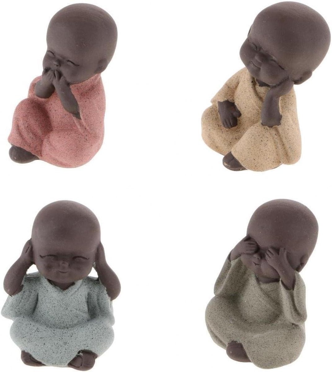 Set van 4 handgemaakte keramische Boeddha beeldjes en monnik ornamenten in multicolor