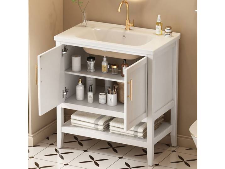Meuble sous-vasque 80 cm avec vasque simple en céramique blanc