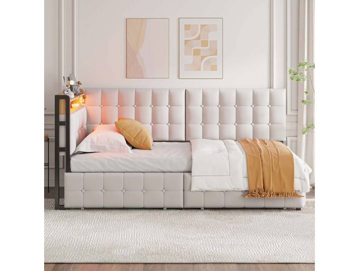 Lit banquette 90 x 200 cm rembourré convertible beige avec LED rangement et ports USB Type C - SENVIRO