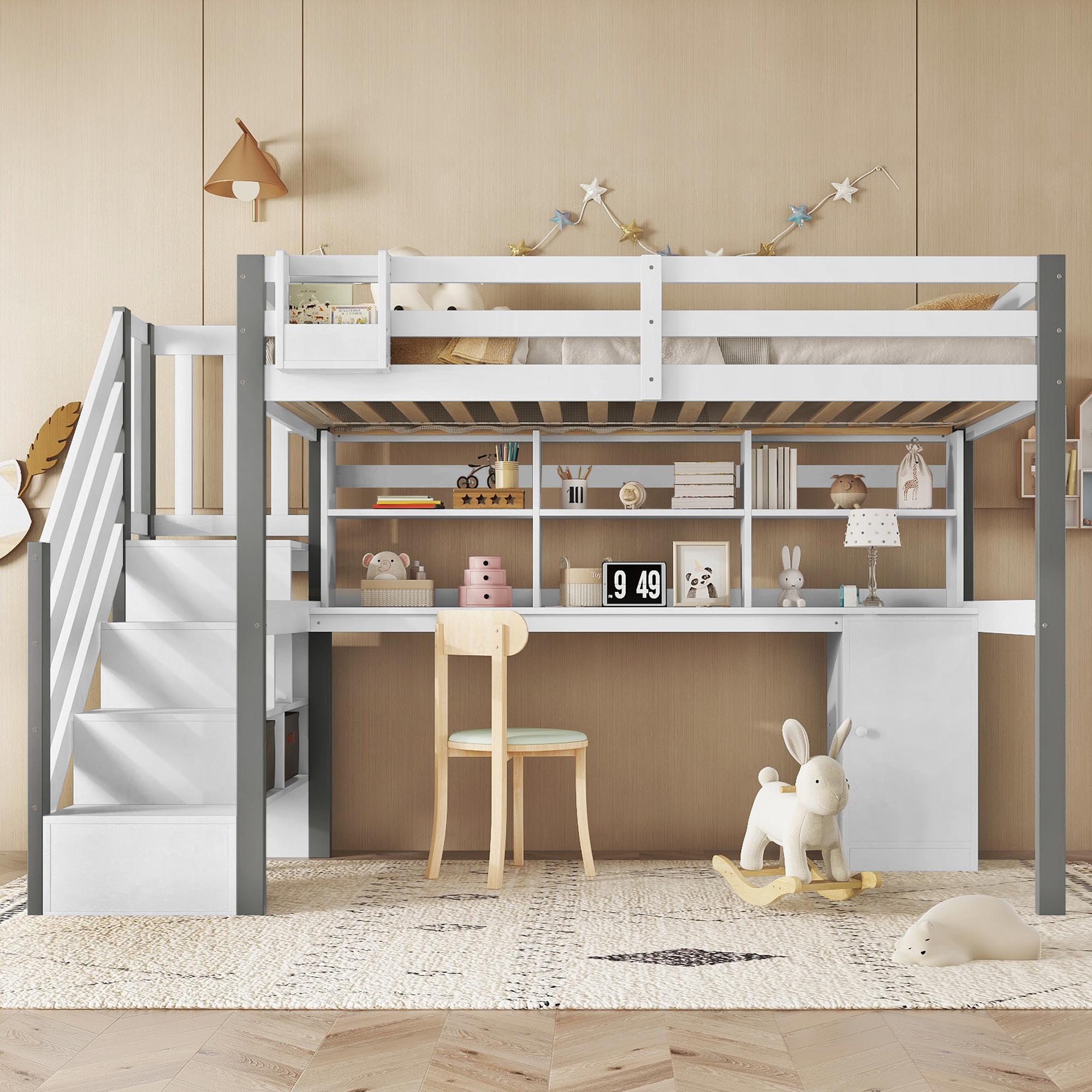 Flieks Etagenbett 90x200cm mit Schreibtisch & Regal, Kinderbett Hochbett mit Aufbewahrungsboxen, Einzelbett Holzbett mit Lattenrost, Weiß Grau