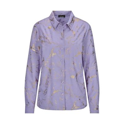 Hemdbluse GOLDNER "Druckbluse mit schimmerndem Print", Damen, Gr. 42, lila (flieder, gemustert), Obermaterial: 100% Viskose CV., figurumspielend, Blusen Hemdbluse, Foil Print