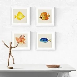 POSTER Set mit 4 Aquarell tropischen Fischen und Meeresleben 15x15 cm Schwarzer Rahmen