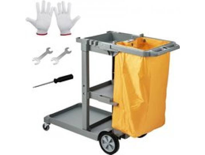 VEVOR Reinigungswagen Putzwagen mit 3 Fächern, Hygienewagen Reinigungswagen 90,7 kg Tragfähigkeit, Grau PP Wischwagen Systemwagen mit PVC-Müllsack, Geeignet für Büros, Einkaufszentren, Hotels