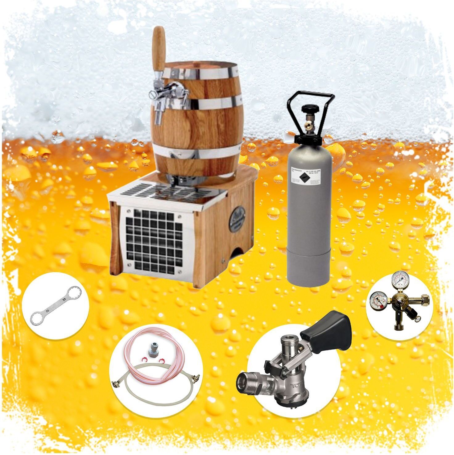 Komplett Set - Soudek 20, Trockenkühlgerät Bierfass Optik, Bierkühler, Zapfanlage, Bierzapfanlage 1-leitig, 20 Liter/h, Green Line, Zapfkopf:Köpi
