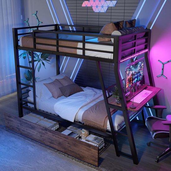 Bett für Kinder und Jugendliche - Metall, 90x200 cm, Schwarz - Schubladen und Treppenfunktion