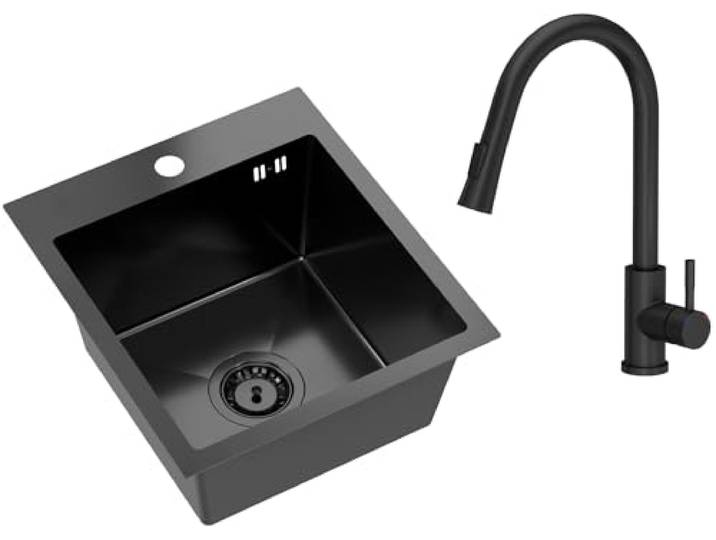 VBChome Edelstahlspüle mit Armatur 40 x 45 cm Schwarz Edelstahl Einbauspüle mit Hahnloch Küchenspüle Spüle Groß Becken Ablaufgarnitur Siphon Edelstahlspüle Mattschwarze Armatur ausziehbarem Auslauf