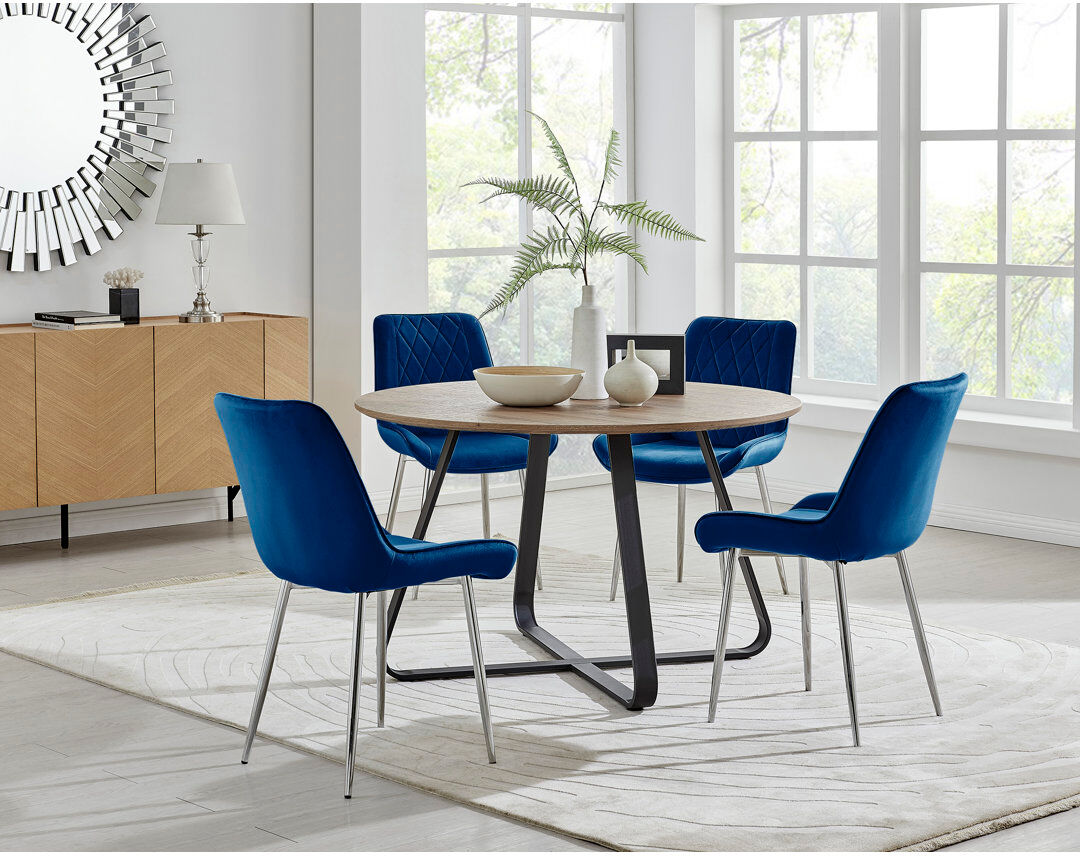Fairmont Park Venedocia Round Wood Effect Dining Table & 4 Luxury Velvet Dining Chairs Navy/Silver 4