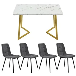 Merax Esstisch 117*68*75cm mit 4er Set Leinen Esszimmerstuhl, Essgruppe, (5-tlg., mit Metallbeine und MDF Platte), Grau