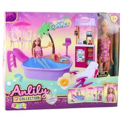 Lean Toys Anlily Puppenset am Strand mit Pool, Palme, Getränkeständer und Zubehör