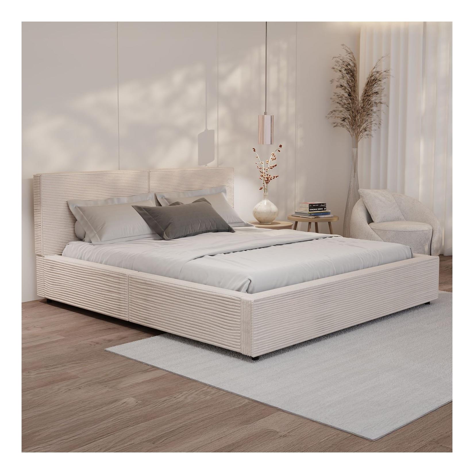 Juskys Polsterbett Salerno – 180 x 200 cm Cord Creme, modernes Design & pflegeleicht