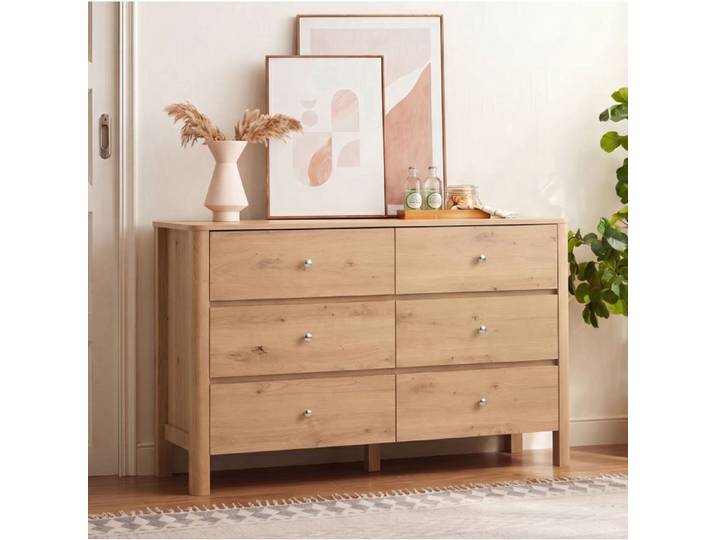 Maisentiel Commode 6 tiroirs chêne avec poignées métalliques argentées 120 x 40 x 80 cm
