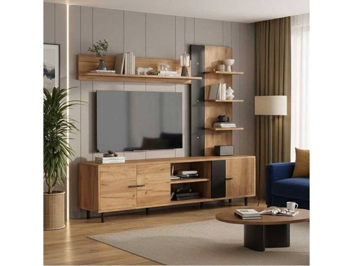 Ensemble Meuble TV Mural 187cm - Bois & Noir - Vitrine + Étagères + Banc TV - Design Industriel Décalé - Pour TV 80