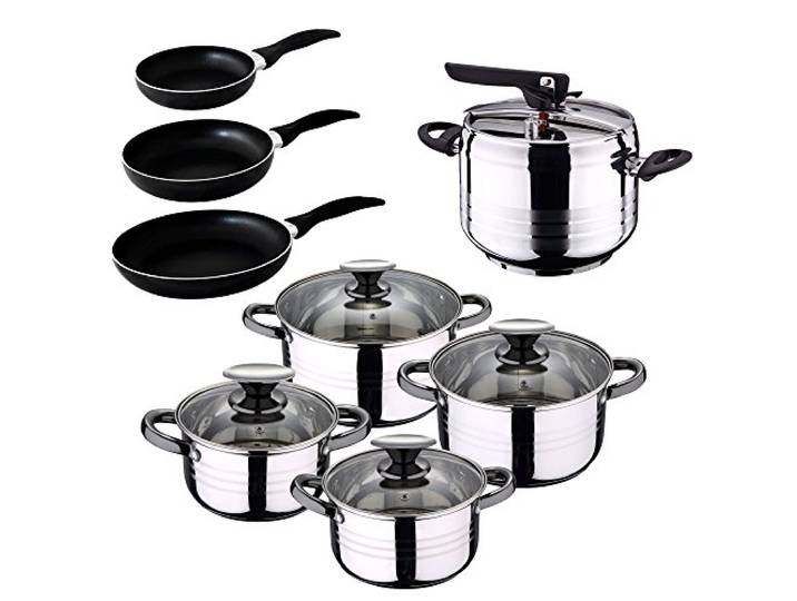 San Ignacio Druckkochtopf 5L SIP Duna + Kochbatterie 8-teilig + Set 3 Pfannen Kochgeschirr, Verdeckt, Batería + Express 5 Litros + 3 sartenes