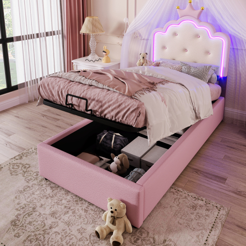AIORBER Polsterbett, 90x200 cm, mit Lattenrost, Hydraulisches Boxspringbett mit Stauraum, Kronprinzessin Styling, LED Umgebungslicht, Kinderbett, Rosa
