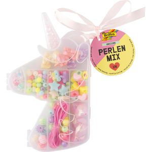 Folia Perlen 32021 Unicorn Mix, in Box, zur Schmuckherstellung, Kunststoff, verschiedene Farben & Formen, Ø 6-23 mm, 170 Teile
