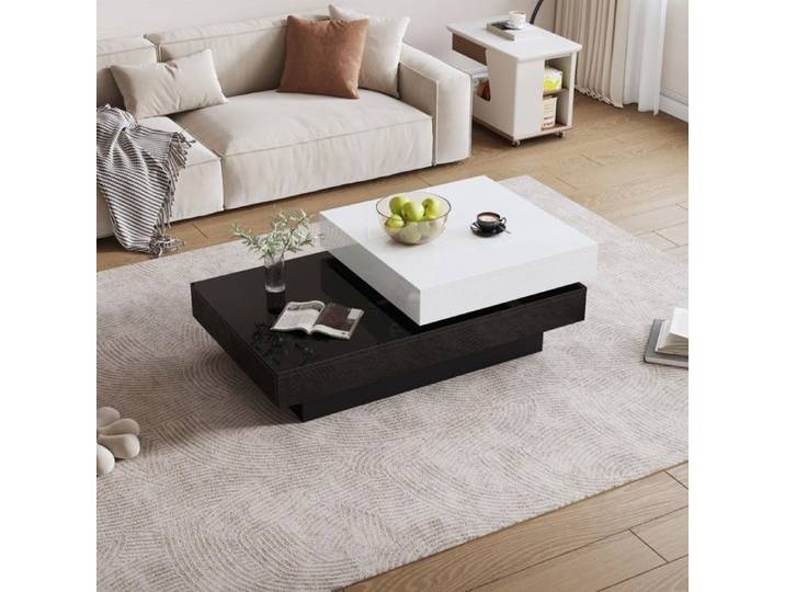 Table basse rotative moderne - Noir & blanc brillant - Double plateau aggloméré - Salon appartement - Design épuré