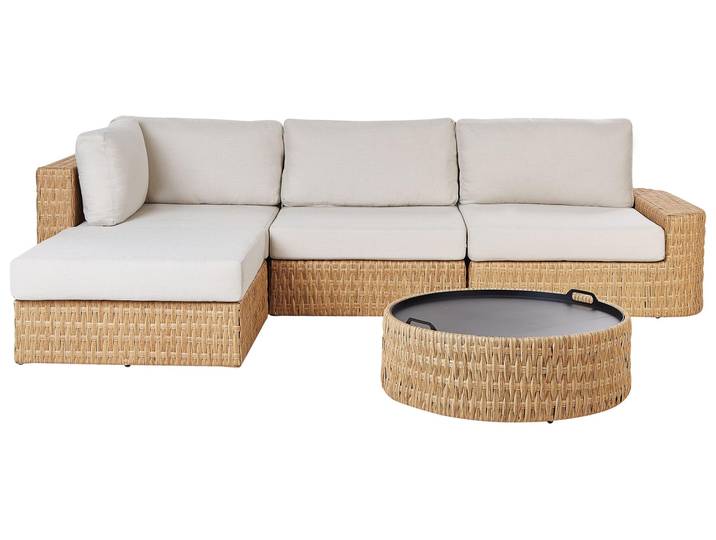 BELIANI Lounge Set Naturfarben Rattan 3-teilig Boho-Stil 4-Sitzer Sofa Rechtsseitig mit Ottomane Kissen und Couchtisch Outdoor Terrasse Garten