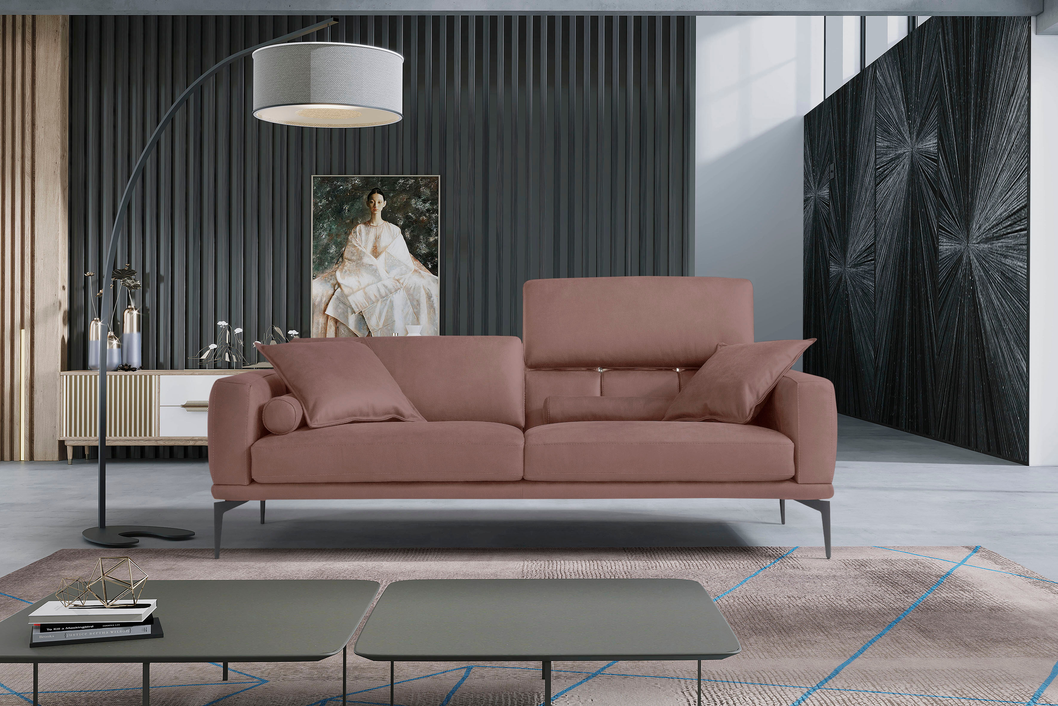 2,5-Sitzer EGOITALIANO "Masu, Designsofa mit erstklassigem Sitzkomfort, Breite 218cm", rosa (altrosa), B:218cm H:95cm T:97cm, Leder NUVOLE (Echtes Rindsleder). Halbnatürliches, halbnarbiges Rindsleder mit einer natürlichen Körnung von 1, 2 bis 1, 4 mm. Di