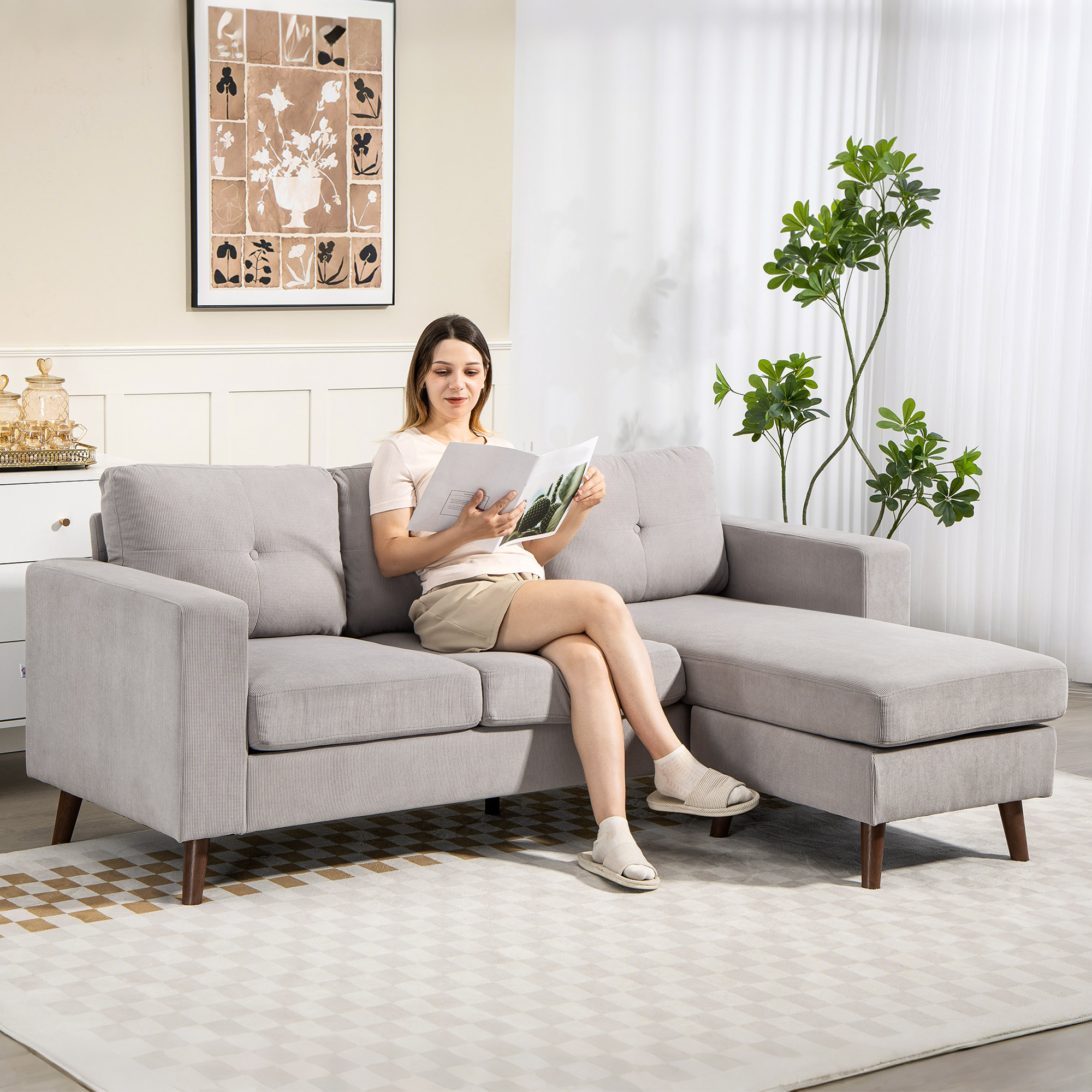 Homcom Divano ad angolo reversibile in velluto a coste, divano 3 posti con penisola, telaio in acciaio, 192x137x84cm, grigio chiaro   Aosom Italy