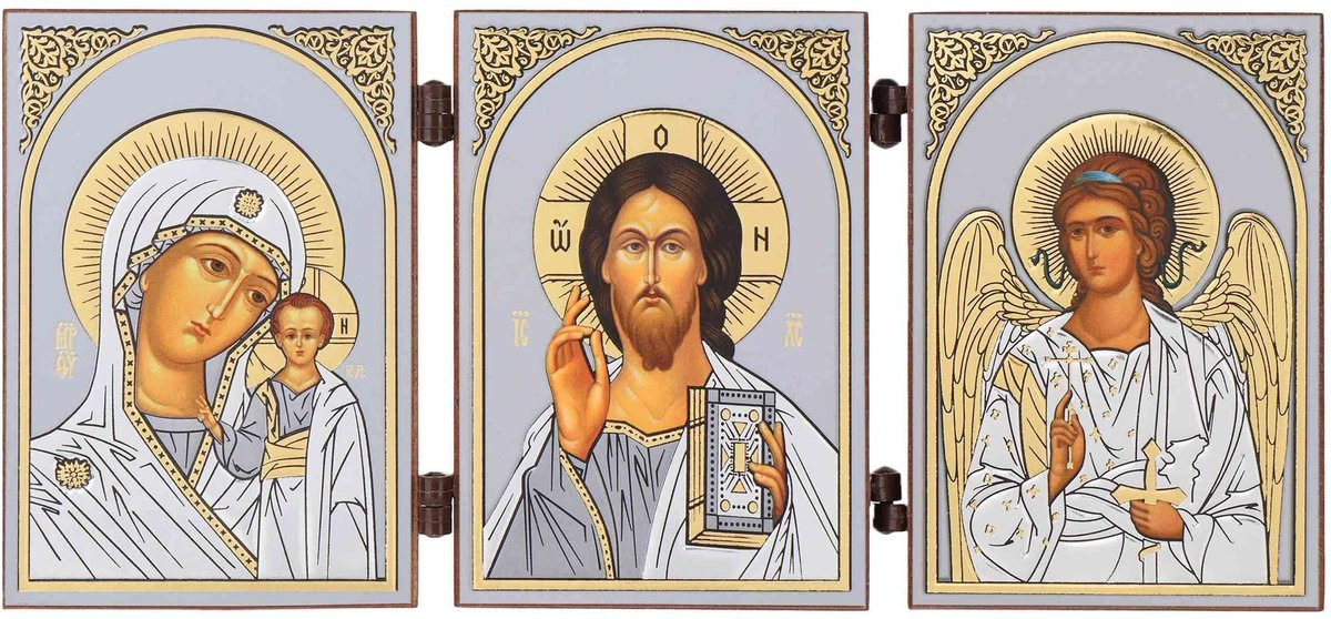 Dailygoods Icoon Drieluik Godsmoeder van Kazan en Jezus Christus - Religieus Kunstwerk - 8,5 x 13 cm