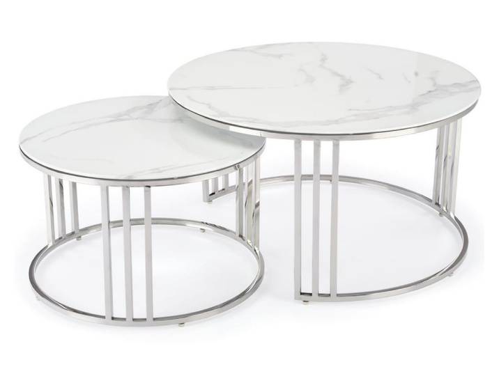 Ensemble de deux tables basses rondes aspect marbre blanc
