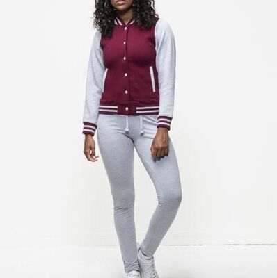 Just Hoods By AWDis JHA043 Adult Letterman Jacket in Burgundy/Heather Grey size Medium   Cotton/Polyester Blend