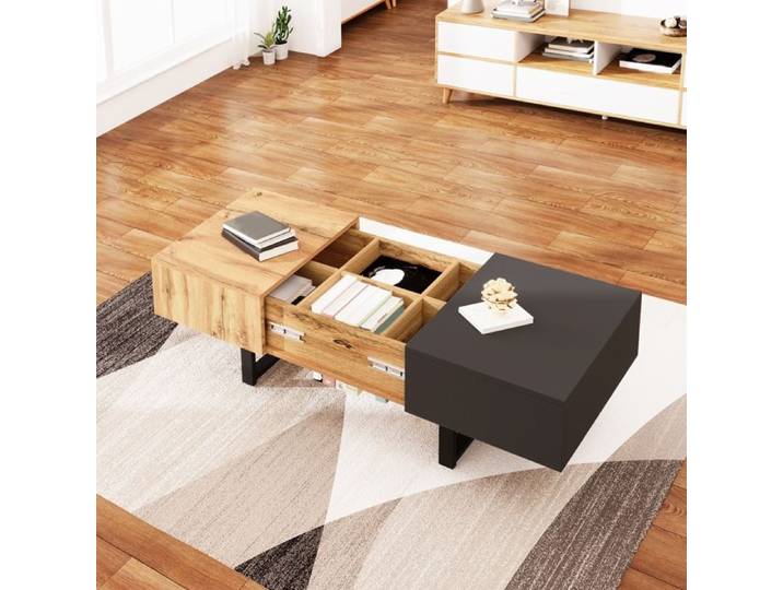 Table basse coulissante avec rangement caché bois et anthracite moderne plateau rectangulaire meuble de rangement 100x55x40cm