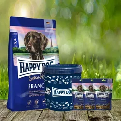 Happy Dog Supreme France 4 kg + 3 x 100 g. Happy Dog Soft Snack France + Futtertonne 20 Liter