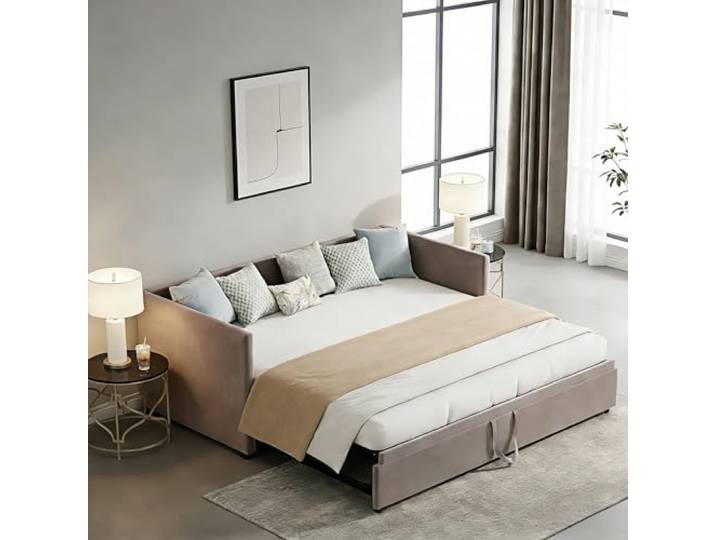 DAHUEN Schlafsofa 90/180x200cm, 3-in-1 ausziehbett mit lattenrost, ausziehbares tagesbett für Wohnzimmer und Schlafzimmer, ohne matratze, Flanell, Grau