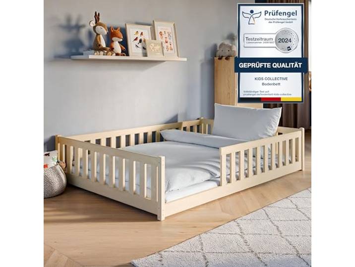 Kids Collective Kinderbett Bodenbett 140x200 cm Bett mit Rausfallschutz & Lattenrost Montessori Bett Bed Gitterbett Kinder Jugendbett Einzelbett Natur