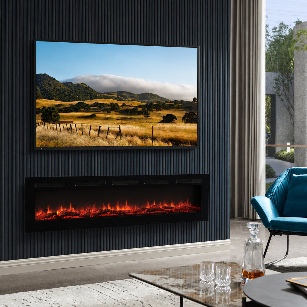 FLAMEKO Media Wall Electric Fire, Wall Mounted Fireplace, Wilton Black Black 43cm H x 178cm W x 14cm D
