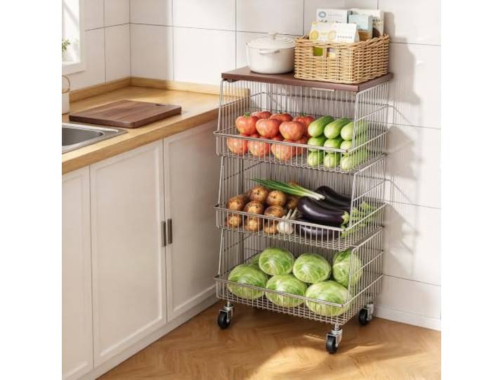 Rollregal Edelstahl Für Küche & Vorrat, Rollwagen Mit Rädern, Etagenregal Rostfreier Edelstahl, 360° Bewegliche Räder, Platzsparendes Design, Offene Netzgitter(3Tiers,NoWoodTop)