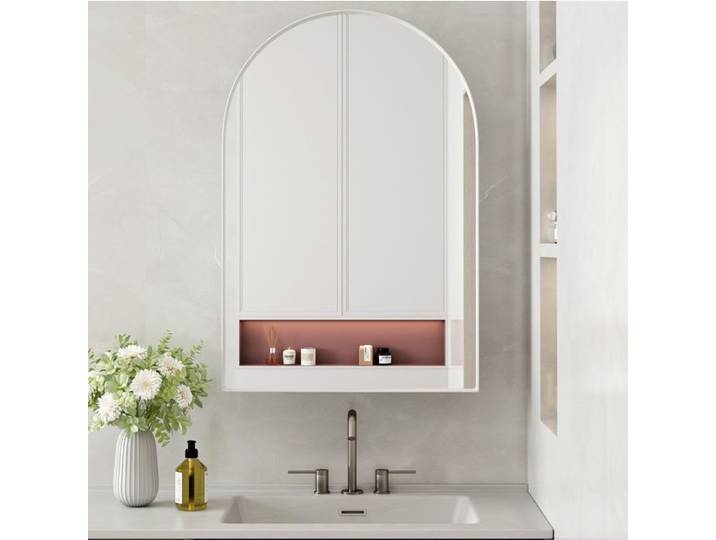 WUVRIE Armoire à pharmacie murale avec miroir arqué encastrable cadre métal blanc 2 étagères en verre