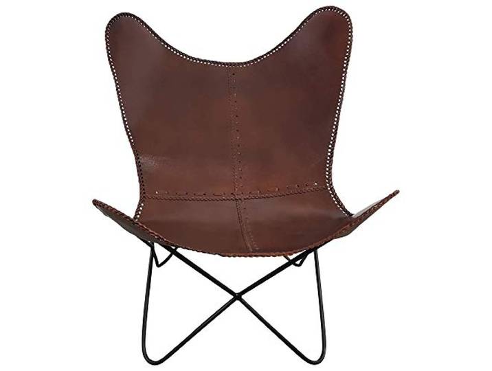 Indoortrend Butterfly Lounge Sessel Chair braun - Stuhl - Design - Retro - Loungesessel - Loungestuhl - Schmetterlingssessel - Echt Leder - Gestell schwarz - B/T/H: 76x76x92 cm