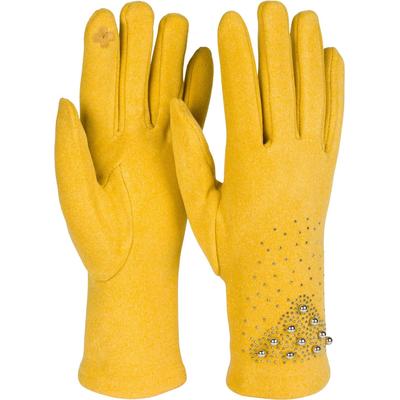 Fleecehandschuhe STYLEBREAKER "Touchscreen Handschuhe mit Strass und Perlen", Damen, gelb (senf), Obermaterial: 50% Viskose CV. 50% Polyester PES., Modisch, Handschuhe