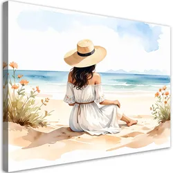 LEINWANDBILD Frau mit Hut am Strand 120x80cm