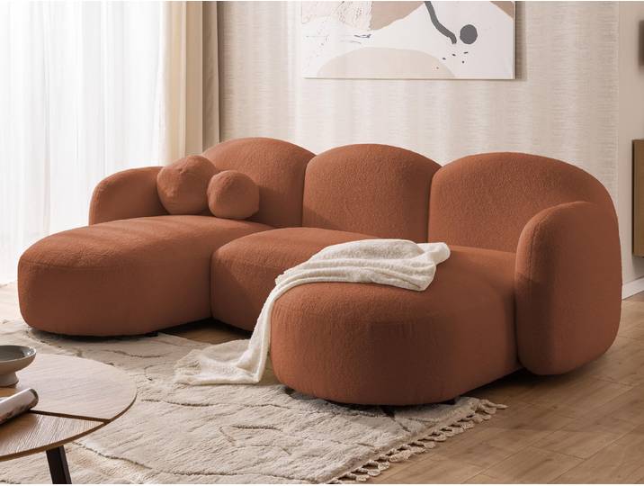 Nuvola - Moderne Wohnlandschaft aus Terrakotta Bouclé mit abgerundetem Design und hohem Sitzkomfort
