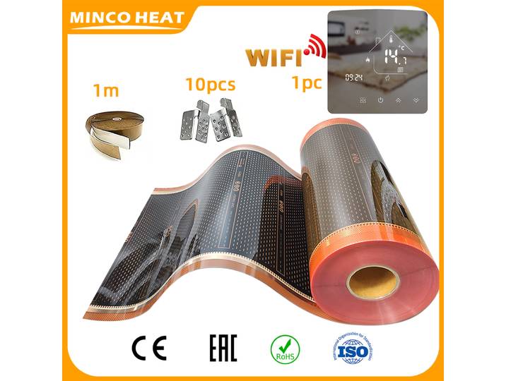 Minco Heat AC 200~240V 5 ㎡ Film chauffant infrarouge en graphène PTC à économie d'énergie, largeur 50/80/100 cm, 240 W ㎡ Kits de tapis chauffants pour sols