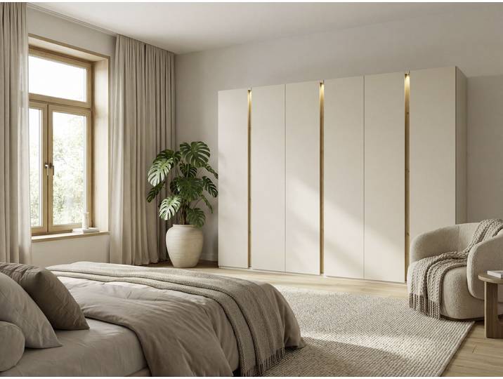 Drehtürenschrank Luana 301cm mit Beleuchtung Beige/Kaschmir/Eiche Dekor Premium