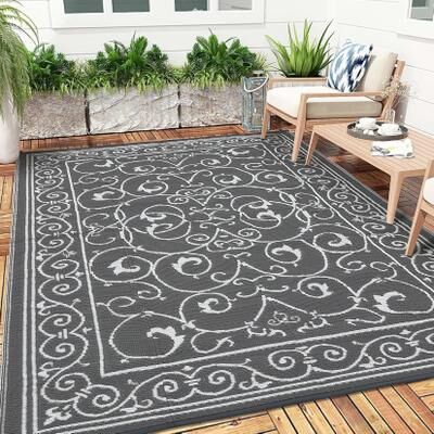 Garvee Floral Scroll Outdoor Waterproof Patio Balcony Rug
