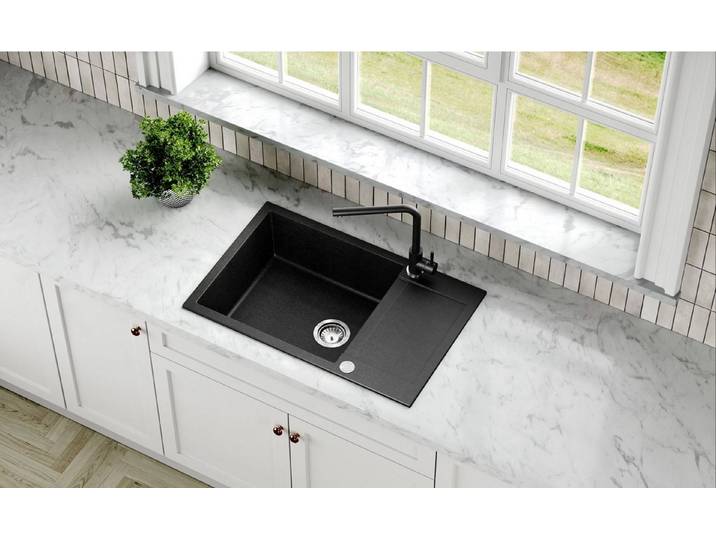 GURARI Küchenspüle SQT 105 -601 AWP+5553E2, 78/50 cm, (2 St), Einbau Granitspüle Schwarz+Edelstahl Armatur