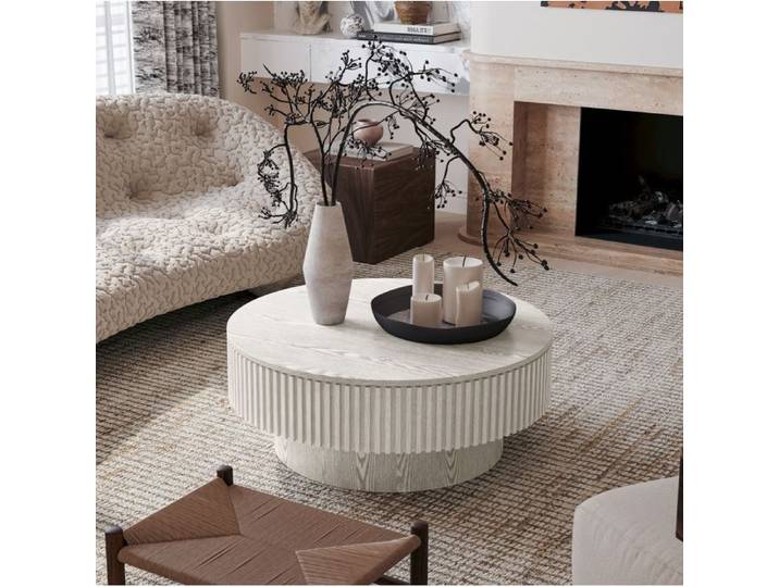 VUENOR Table basse ronde 75 cm blanc rétro – rangement intégré sans matelas