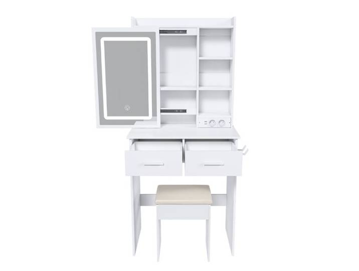 Coiffeuse blanche avec miroir éclairage LED réglable prises électriques et tabouret rembourré
